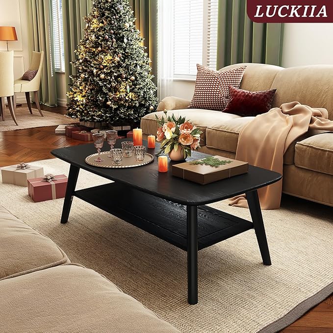 Coffee Table Small Solid Wood Center Table Mid Century Vintage Living Room Coffee Table, Black 47.24 Inch