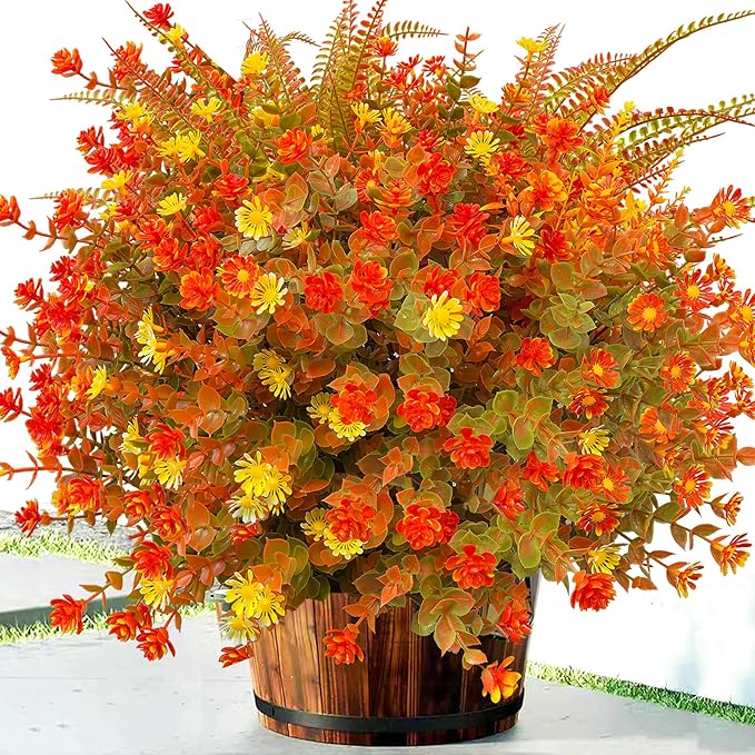 18 PCS Artificial Mums Fall Flowers for Outdoors, Artificial Plants Outdoor Fake Mums UV Resistant, Outdoor Fake Plants Plastic Faux Flowers for Porch Window Box Garden (Orange Red)