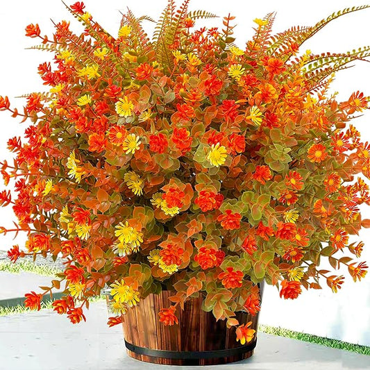 18 PCS Artificial Mums Fall Flowers for Outdoors, Artificial Plants Outdoor Fake Mums UV Resistant, Outdoor Fake Plants Plastic Faux Flowers for Porch Window Box Garden (Orange Red)