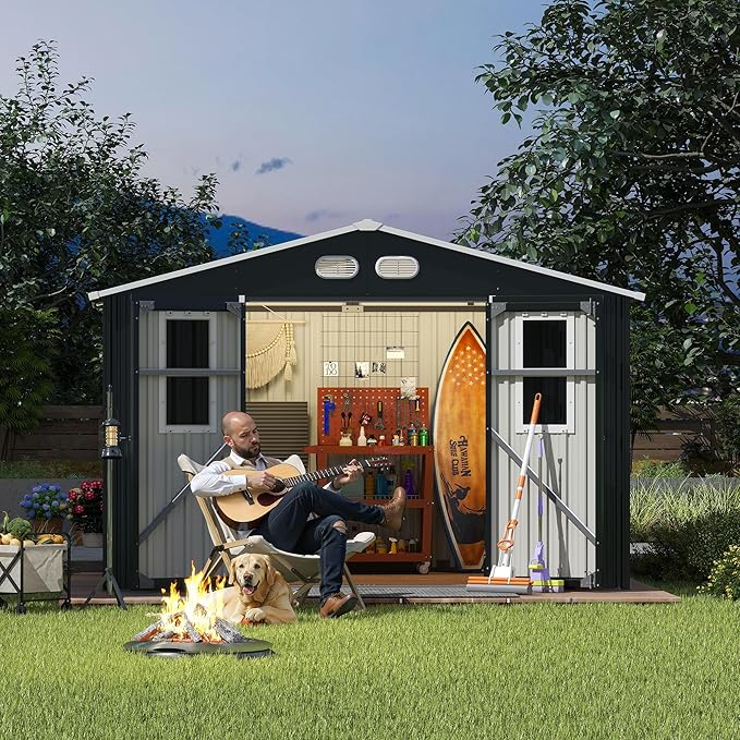 KEIKI Large 8x10 Metal Shed with Four Windows, Lockable Outdoor Storage Shed for Backyard, Tiny House Sheds, Metal Storage Shed for Tools & Equipment, Sheds and Outdoor Storage, Dark Gray
