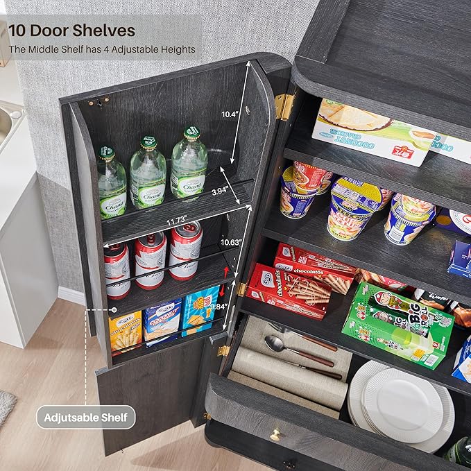 71" Tall Kitchen Pantry, Modern Curved Pantry Storage Cabinet with 4 Doors and 6 Adjustable Shelves, Cupboard for Kitchen, Dining Room, Living Room and Bathroom, Dark Grey
