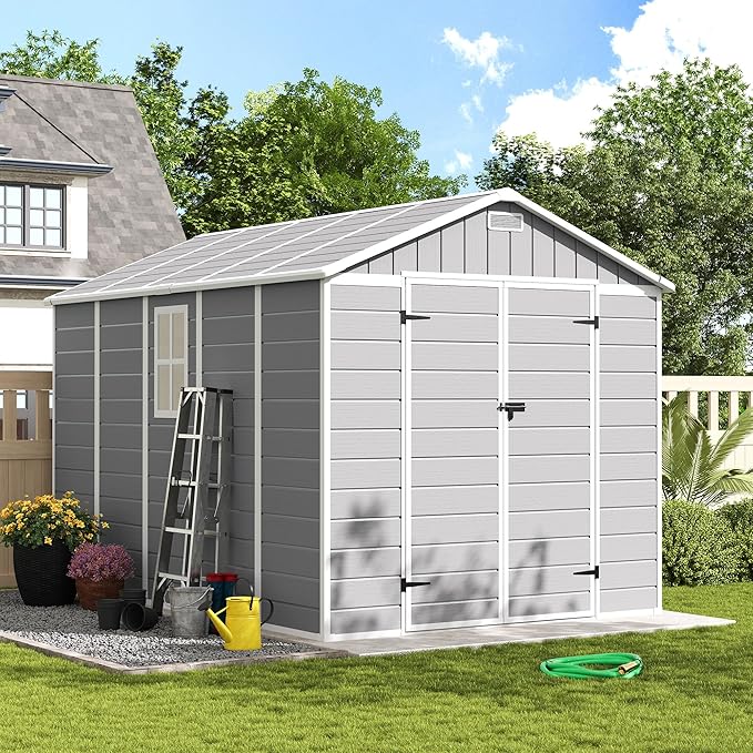 Amopatio Outdoor Storage Shed with Floor, 8x10 FT Lockable Plastic Tool Shed with Ventilation, Waterproof Resin Garden Sheds for Backyard, Patio, Lawn and Bike Grey