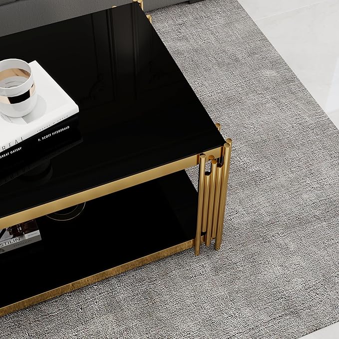Rectangular Black Glass Coffee Table, 47" Center Table Living Room Table, Gold Stainless Steel Irregular Leg, Double-Layer Structure, Black Glass Desktop, Luxury