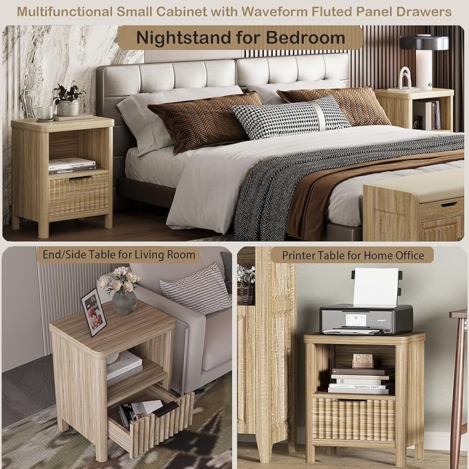Nightstand Night Stand with Drawer Storage, Large Modern Wood Bed Side Table with Fluted Panel, Mid Century Farmhouse Sofa Couch End Table for Bedroom (Nature Wood, 20 * 15Inch /1 Piece)