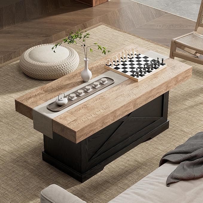 Coffee Table 39 in Rustic Center Table with X-Design Wooden Pedestal for Living Room, Space Saving, Rectangle Home Office Tea Accent Table for Apartment, Dark Oak Black