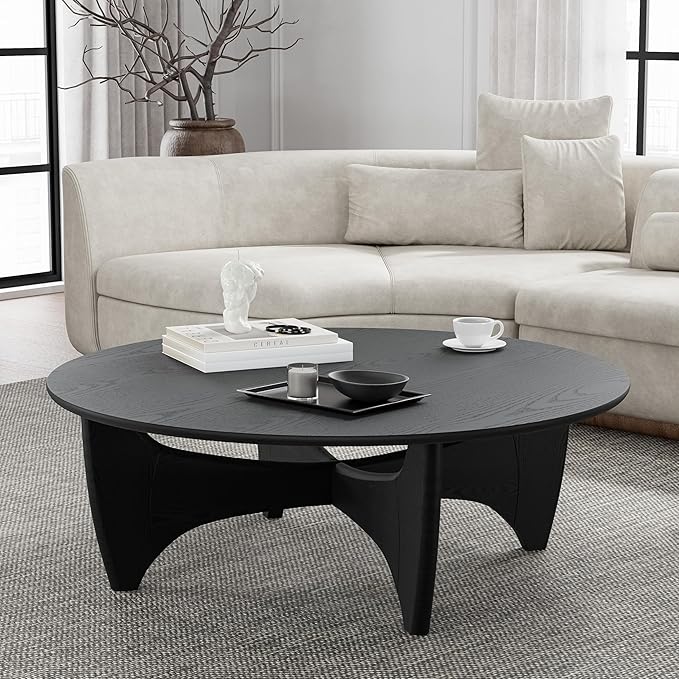 Casaphoria 38" Round Coffee Table, Modern Farmhouse Wood Coffee Table with Cross Sturdy Legs for Home Office, Living Room, Easy Assembly, Black