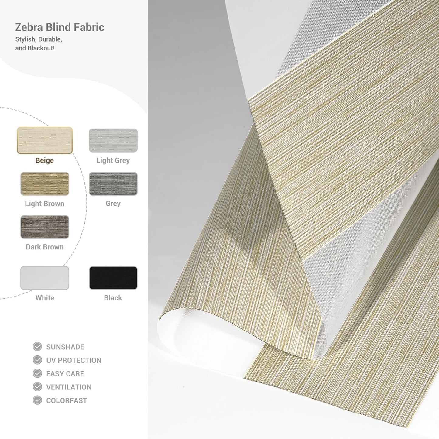 Cordless Zebra Blinds for Windows, Blackout Interior Blinds,Easy to Install,UV Protection,for Offices and Home,Custom Roller Shades, Mousse Beige,16" W x 36" H
