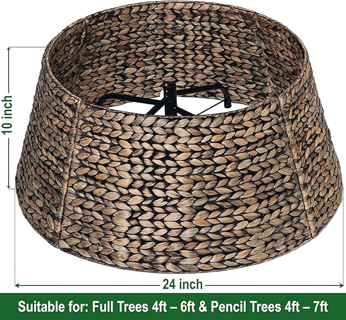 CENBOSS Rattan Christmas Tree Collar, Wicker Tree Skirt & Stand Base Cover (Black Wash, 24 inch)