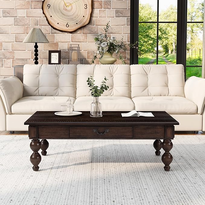 Amposei Retro Coffee Table 47’’ Vintage Wooden Cocktail Center Table with 1 Storage Drawer & Solid Wood Legs for Living Room, No Assembly, Espresso