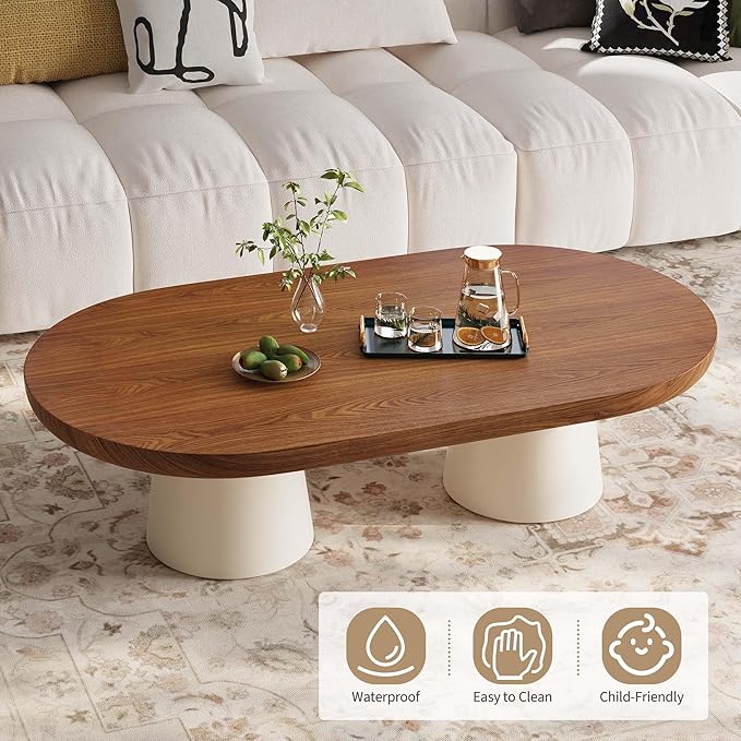 Oval Modern Coffee Table - Minimalist Wooden Coffee Table with White Stable Legs, 51.2" Center Table for Living Room, Apartment, Office, Walnut