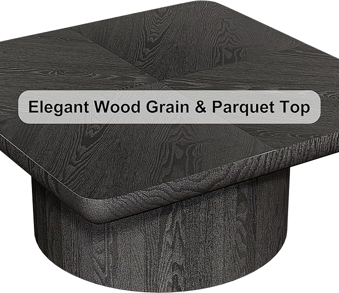 Square Coffee Table with Round Wood Pedestal Coffee Tables for Living Room, Modern Rustic Center Table Easy Assembly Black-ø34.6"&ø34.6 ø14.9