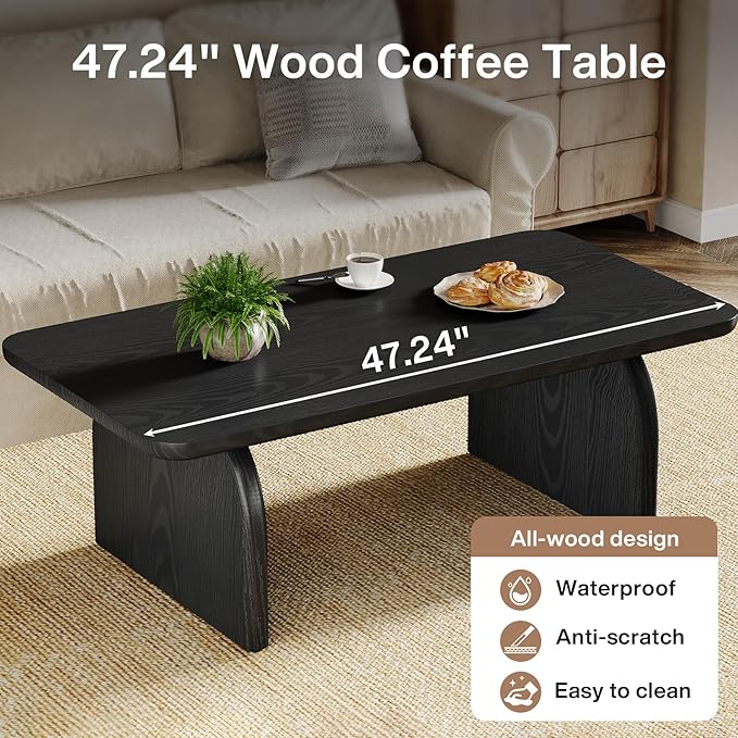 Tribesigns Rectangle Coffee Table, 47-Inch Wood Rectangular Living Room Table, Farmhouse Accent Center Low Cocktail Tea Table with Sturdy Base & Rounded Corners, Easy Assembly (Black)