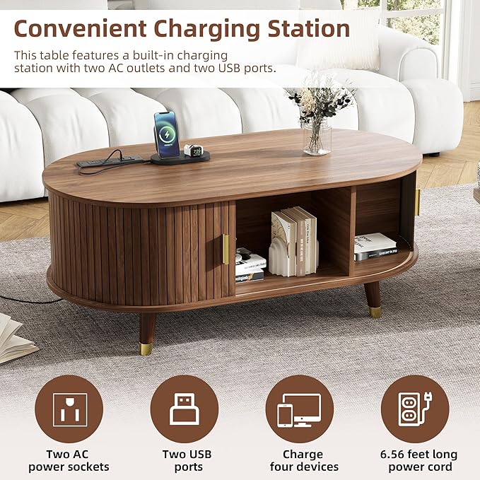 WILLIAMSPACE 42.5" Oval Coffee Table with Storage & Charging Station, Mid-Century Modern Center Table with Sliding Tambour Door, Farmhouse Tea Table with Solid Wood Legs for Living Room, Walnut