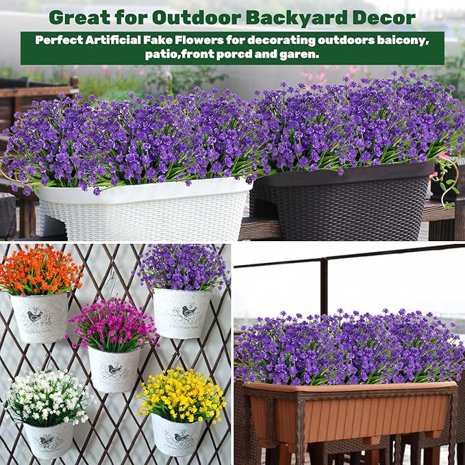 Lnoicy 20pcs Artificial Flowers for Outdoor,Plastic Flowers Decoration, UV Resistant Faux Flowers Shrubs, Artificial Plants for Indoor Outside Garden Home Wedding Farmhouse（Purple）
