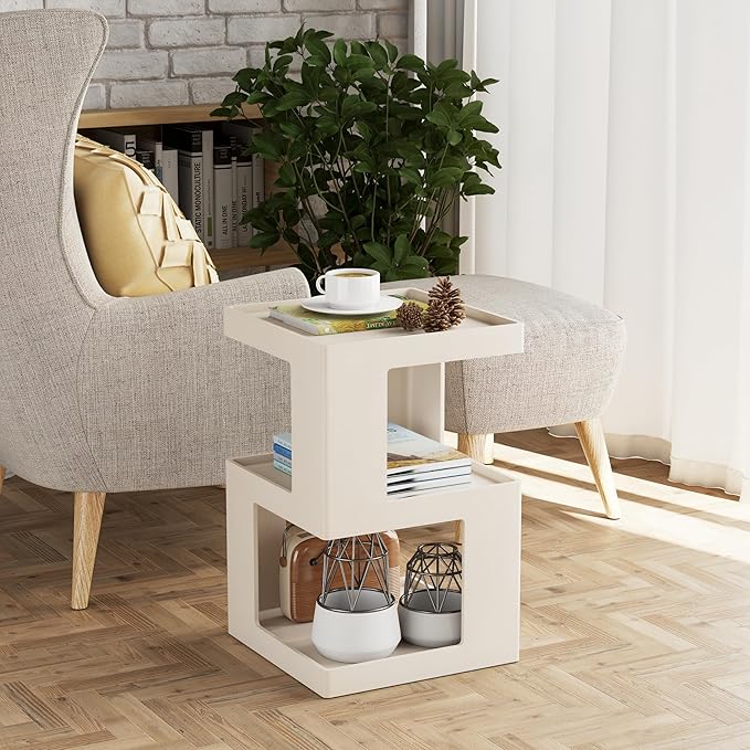 COZAYH Farmhouse Geometric Wood End Table, Distressed Accent Side Table with Two Storage Space, 3-Layer Cube Design for Bedroom, Living Room, Entryway, White