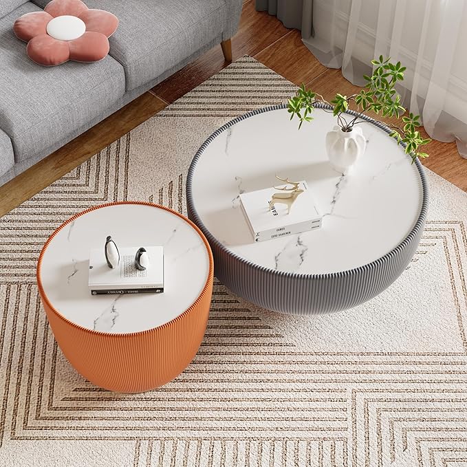 Round Living Room Table Set, 27.56" Grey Drum Center Table and 19.69" Orange Coffee Table Set, 2 Pieces Coffee Table Set with Sintered Stone Tabletop, Fluted PU Leather Covered and Metal Base