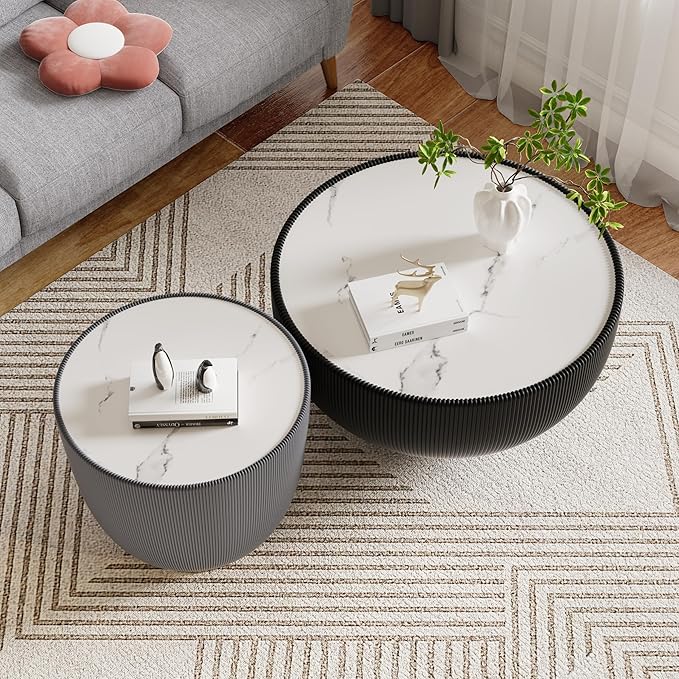 Round Living Room Table Set, 27.56" Black Drum Center Table and 19.69" Grey Coffee Table Set, 2 Pieces Coffee Table Set with Sintered Stone Tabletop, Fluted PU Leather Covered and Metal Base