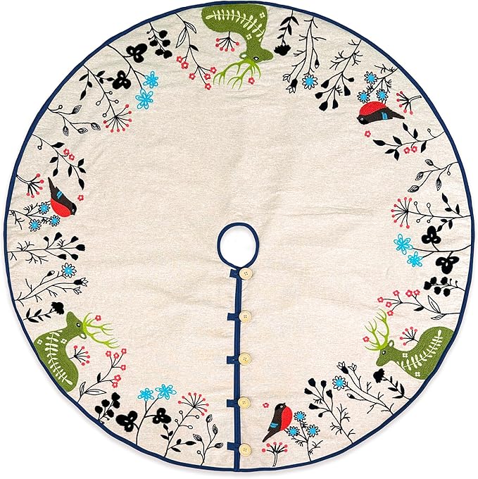 60-Inch Linen Christmas Tree Skirt, Woodland Creatures Embroidery, Thick Foam Padding, Beige with Navy Blue Trim, Oak Button Closures