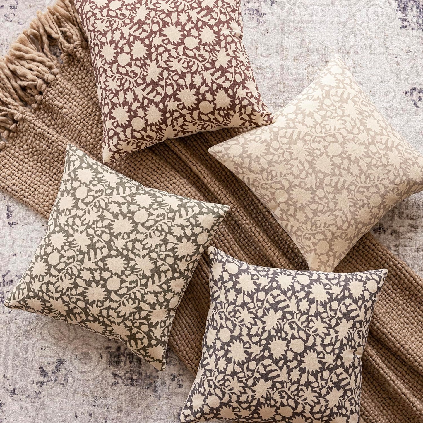 Foindtower Set of 2 Decorative Neutral Floral Throw Pillow Covers Accent Farmhouse Cushion Covers Boho Vintage Pillowcase for Couch Sofa Bedroom Living Room Home Decor Outdoor,18×18 Inch,Rustic Gray