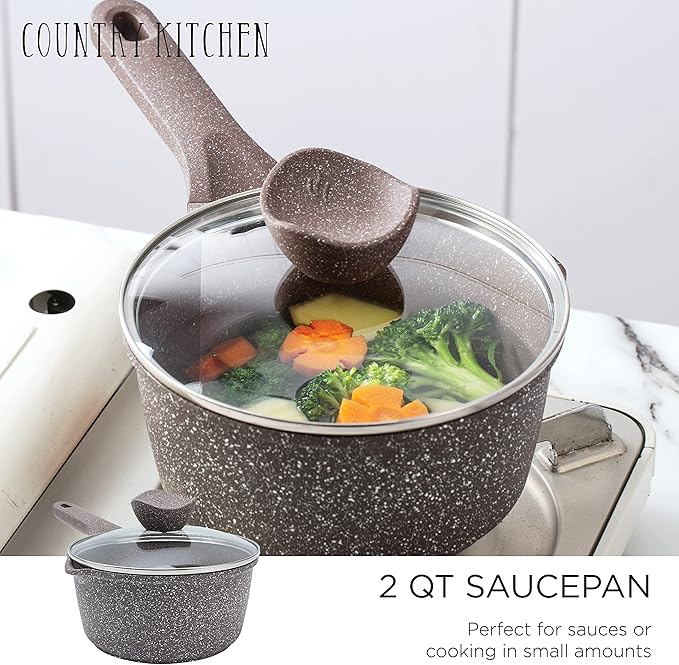 Country Kitchen Non-Stick Cast Aluminum Cookware Set - Durable Kitchen Cookware for Everyday Cooking, Chocolate Brown, 6 Pc.