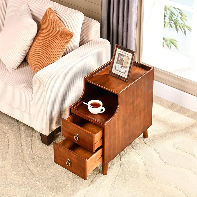 Solid Hardwood End Table with 2 Drawers, Traditional Beside Table with Pull-Out Coffee Tray, Modern Vintage Sofa Chair Side Table Nightstand for Living Room Bedroom, Cherry Brown Accent Table BGA1359