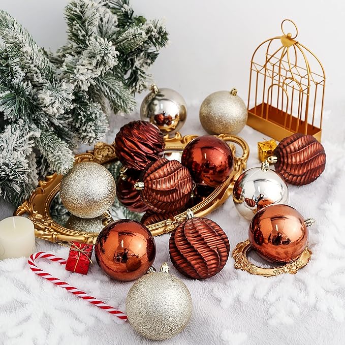 XmasExp 24ct Christmas Ball Ornaments Shatterproof Xmas Tree Hanging Balls Decorations Perfect for Holiday Wedding Christmas Decor(2.36"/60mm, Brown and Champagne)