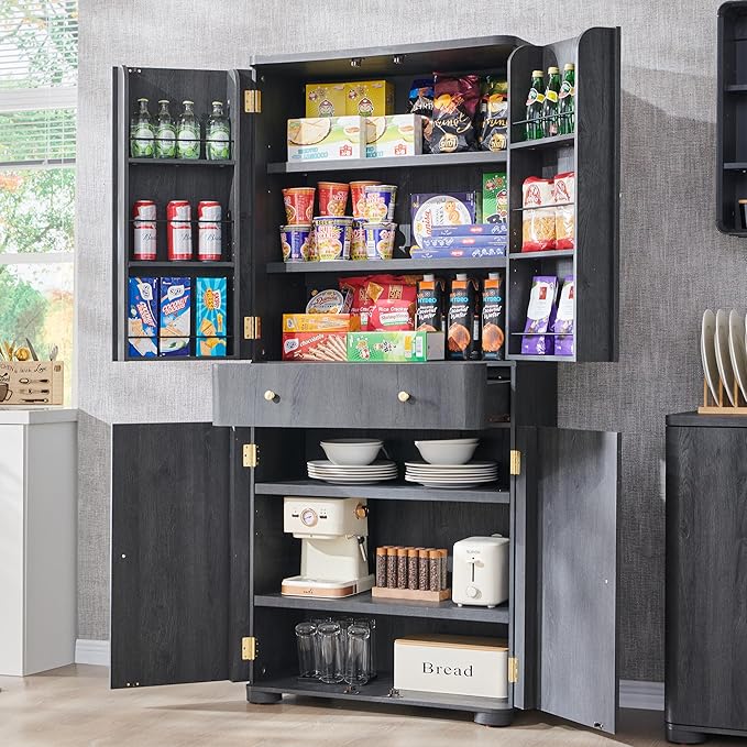 71" Tall Kitchen Pantry, Modern Curved Pantry Storage Cabinet with 4 Doors and 6 Adjustable Shelves, Cupboard for Kitchen, Dining Room, Living Room and Bathroom, Dark Grey