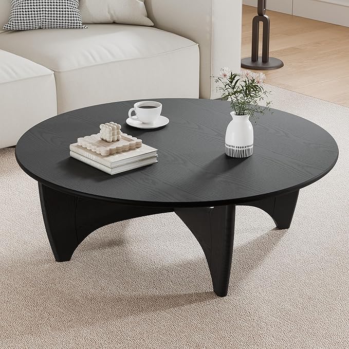 Casaphoria 38" Round Coffee Table, Modern Farmhouse Wood Coffee Table with Cross Sturdy Legs for Home Office, Living Room, Easy Assembly, Black