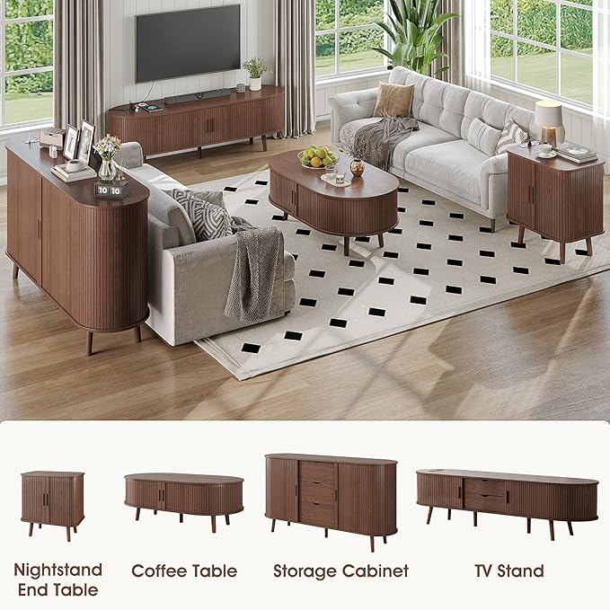 Alohappy Oval Coffee Table, Mid Century Modern Coffee Table with Sliding Tambour Door, Fluted Center Table with Hidden Storage, Curved Profile Dining Table for Living Room, Home Office,Walnut
