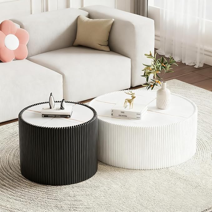 Round Living Room Table Set, 29.52" White Drum Center Table and 17.71" Black Coffee Table Set, 2 Pieces Coffee Table Set with Sintered Stone Tabletop, Fluted PU Leather Covered and StableBase