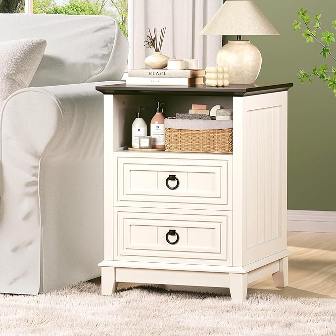 Farmhouse Nightstand, 24" Wooden Couch Side Table with 2 Drawers & Open Shelf, Rustic End Table for Bedroom & Living Room, Bedside Space-Saving Accent Storage Cabinet (White)
