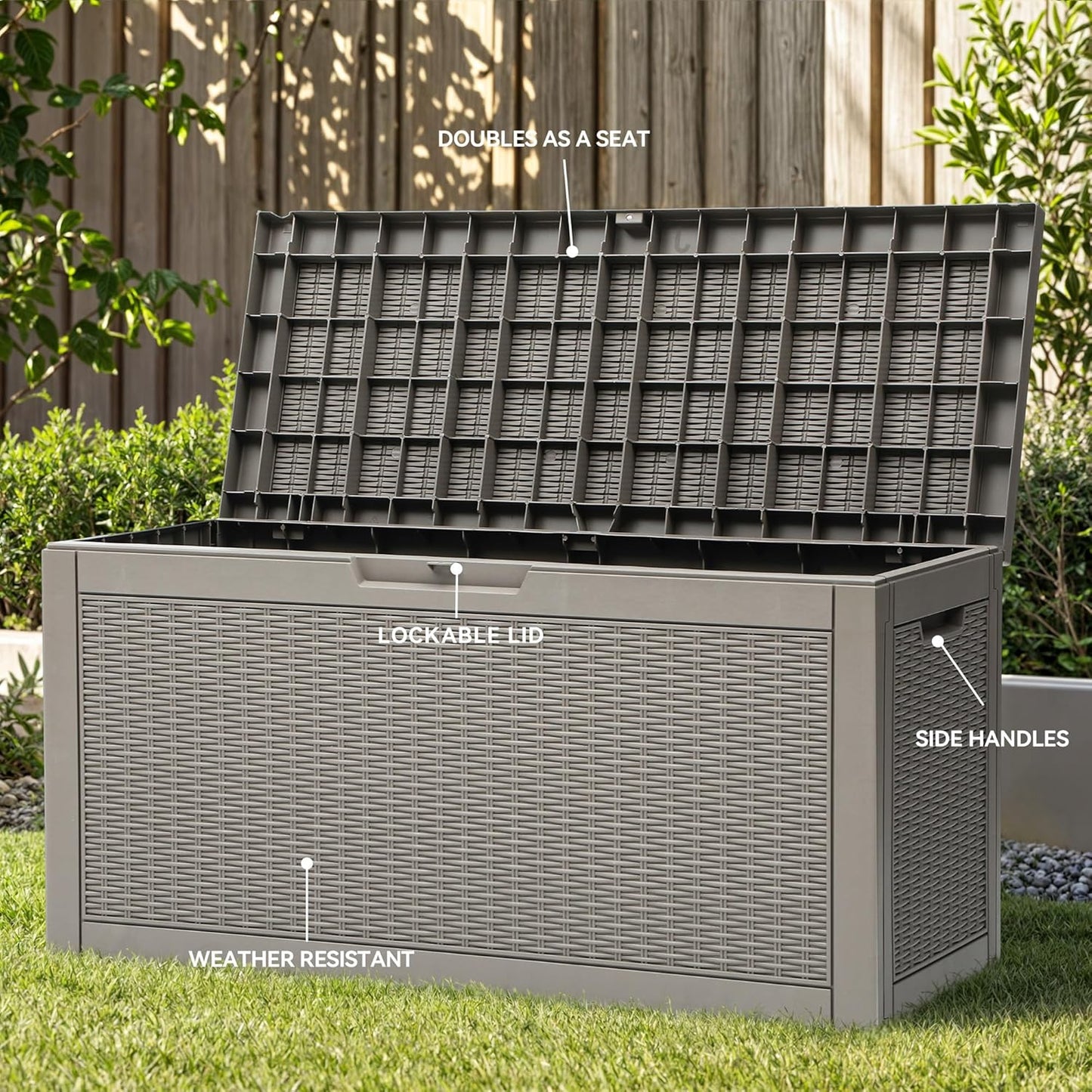 YITAHOME 60 Gallon Outdoor Storage Box, Large Water Resistant Resin Deck Box, Indoor Outdoor Lockable Rattan Storage Container for Patio, Garden, Cushions, Tools, Equipment (Taupe)