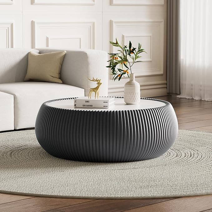 27.55" Grey Round Coffee Table, Drum Coffee Table with Sintered Stone Tabletop and Fluted PU Leather Covered and Stable Base, Circle Cocktail Tea Table for Living Room