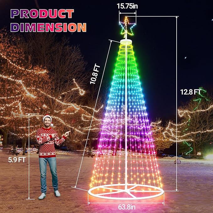 Led Outdoor Christmas Tree, 12.8 FT Prelit Smart Outside Christmas Tree Light Show App Control with 660 LED Lights Color Changing Sync APP & Remote Control Lighting