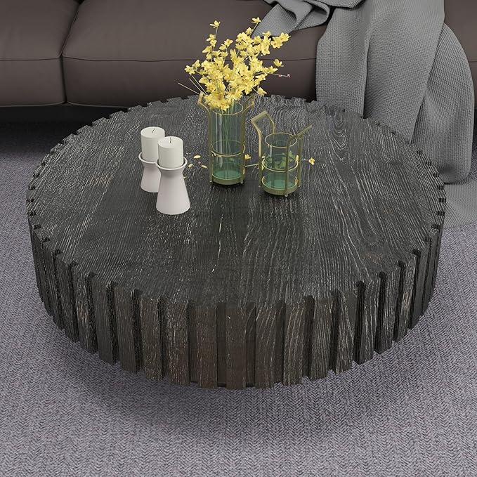 WILLIAMSPACE 31.4" Round Coffee Table for Living Room, Modern Wood Drum Center Table, Accent Side Tea Table for Apartment, Natural Wood Texture, Stable & Durable, Easy to Assemble - Black