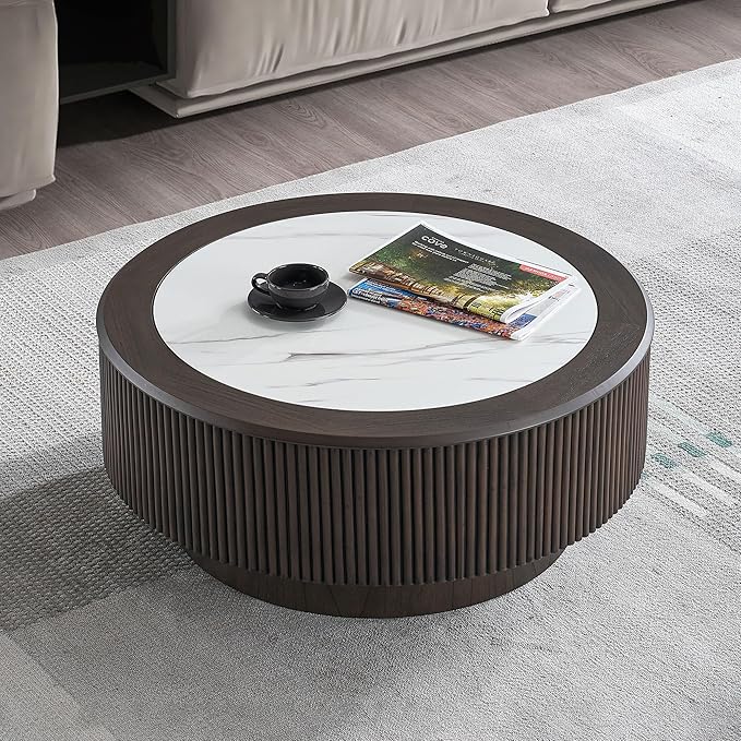 Round Coffee Table with Marble Tabletop for Living Room Mid Century Modern Fluted Circle Coffee Table with Pedestal Wood Center Tables Accent Tea Table for Apartment, 31.5'' Dark Brown