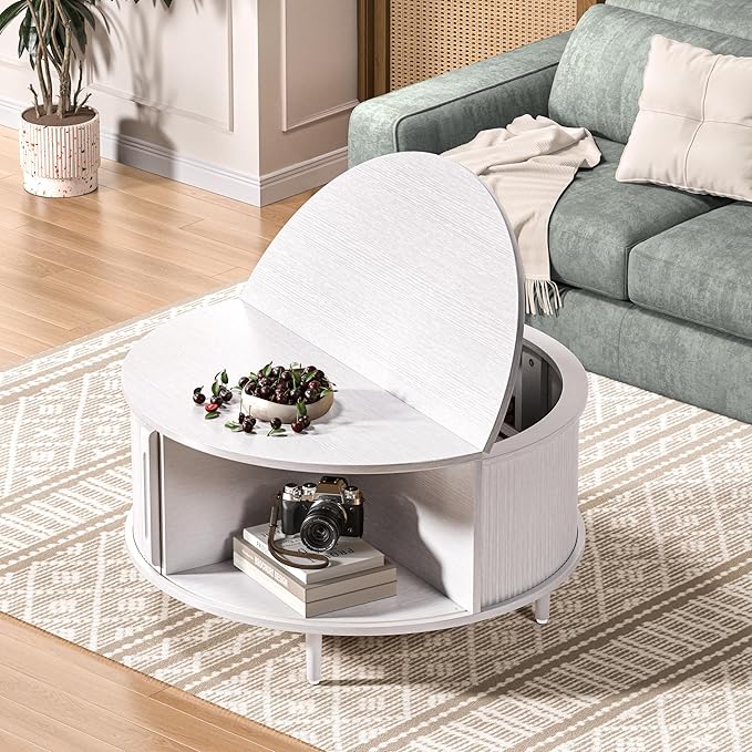 Round Coffee Table, 31.5" Fluted Center Table with Storage, Lift-Top Coffee Table with Adjustable Footpads, Sliding Door, Mid-Century Modern Center Table for Living Room, Small Space (White)
