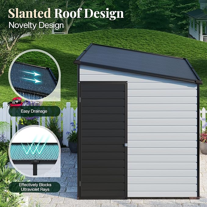 Jocisland 8x6x6 FT Resin Lean to Shed with Floor, Slanted Roof Lockable Outdoor Storage Shed with 2 Windows, Weather-Resistant Plastic Structure for Garden, Backyard, Patio, Lawn – Light Blue & Black