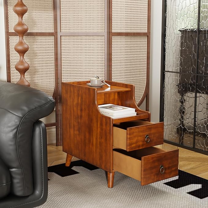 Solid Hardwood End Table with 2 Drawers, Traditional Beside Table with Pull-Out Coffee Tray, Modern Vintage Sofa Chair Side Table Nightstand for Living Room Bedroom, Cherry Brown Accent Table BGA1359