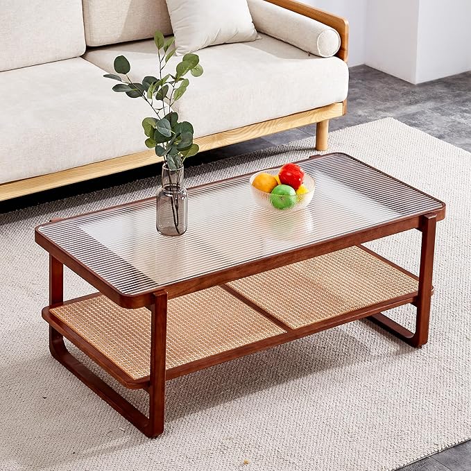 Rattan Coffee Table,Rustic Style Wooden Coffee Table,Rectangular Wood Living Table for Living Room,Glass Top Center Table with Imitation Rattan Storage Shelf