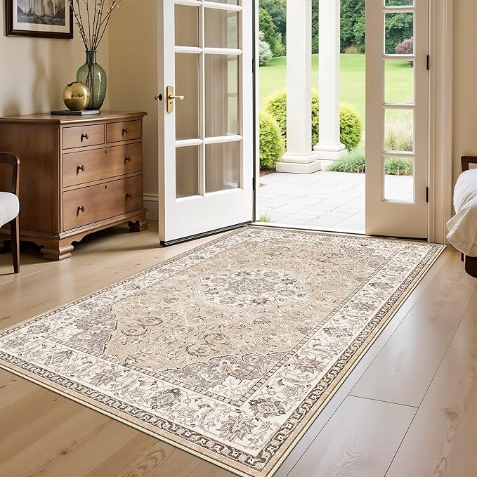 6ft Square Living Room Area Rug: Washable Oriental 6x6 Rugs for Bedroom Dining Room Non-Slip Entryway Kitchen Nursery CarpetWater Resistant Light Weight Floor Mat for Bathroom Laundry Room(6x6,Beige)