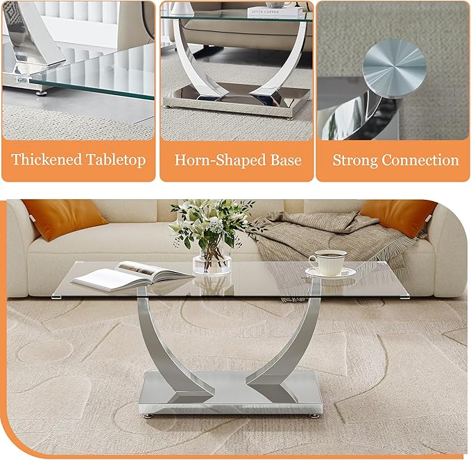 47" Glass Coffee Table, Modern Rectangular Center Table with Tempered Glass Top and Silver Horn-Shaped Stainless Steel Base for Apartment, Office