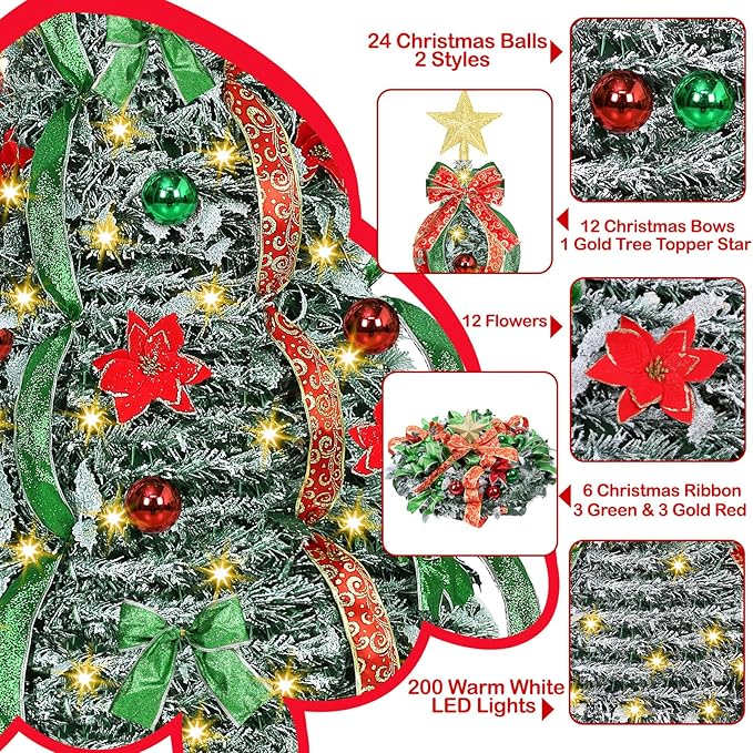 [ 8 Modes & Timer ] 6Ft Prelit Full Pop Up Flocked Pencil Christmas Tree with 200 Warm White LED Lights, Balls, Red & Green Ribbon, Bows, Plug in Collapsible Xmas Tree Outdoor Indoor Christmas Decor