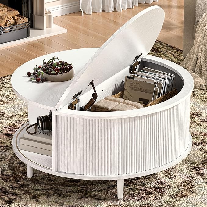 Round Coffee Table, 31.5" Fluted Center Table with Storage, Lift-Top Coffee Table with Adjustable Footpads, Sliding Door, Mid-Century Modern Center Table for Living Room, Small Space (White)