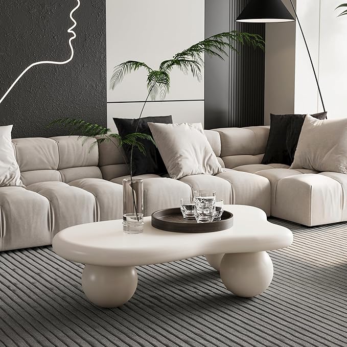Modern Cloud Coffee Table with 3 Ball Legs, Cute Irregular Shaped Coffee Table, Low Center Table Tea Table for Small Space Living Room (40''L × 26.8''W × 11.7'H)