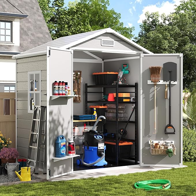Amopatio Outdoor Storage Shed with Floor, 6x4.5 FT Lockable Plastic Tool Shed with Ventilation, Waterproof Resin Garden Sheds for Backyard, Patio, Lawn and Bike Bedge