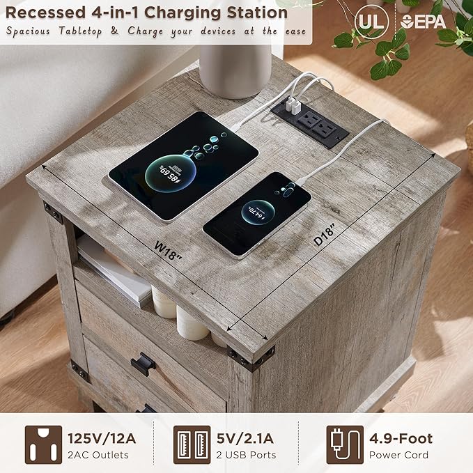 RedLemon Farmhouse Nightstand with Charging Station, 18" Rustic Night Stand with 2 Storage Drawers, Wood End Table for Bedroom, Living Room, Light Rustic Oak