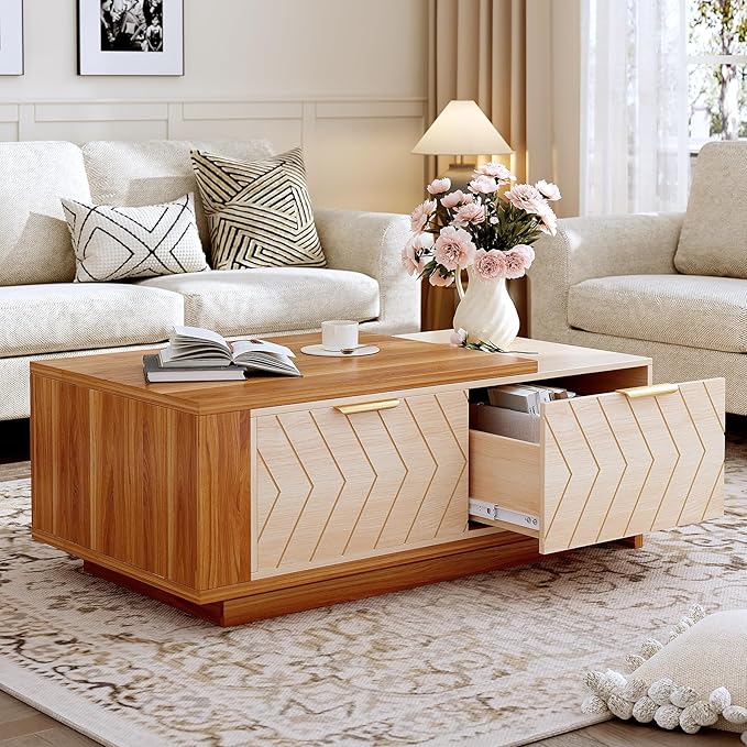 42"- 65" Extendable Coffee Table with Storage, Reversible Wood Coffee Table with 2 Drawers, Two-Tone Large Adjustable Center Table for Living Room, Office (Walnut A)