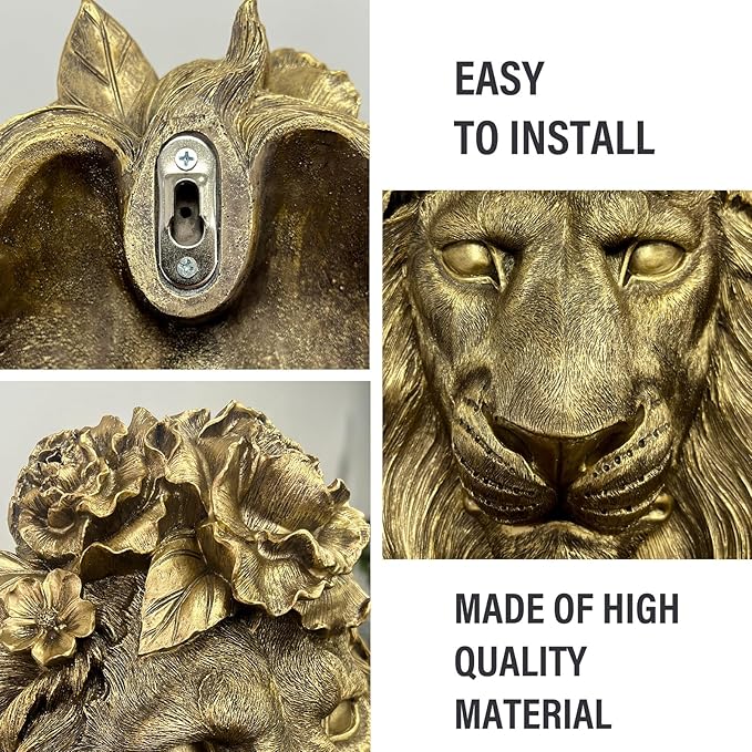 GUSFREUD Gold Lion Animal Head Wall Decor – Resin Lion Wall Sculpture, Vintage Gold Wall Art for Living Room, Bedroom, Office, Maximalist Home Decor