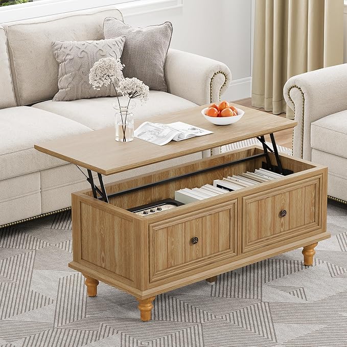 Lift Top Coffee Table with Storage, 39" Wood Rectangular Center Table with Lifting Top, Sturdy Space-Saving Dining Table for Living Room Home Office Small Space (Natural)